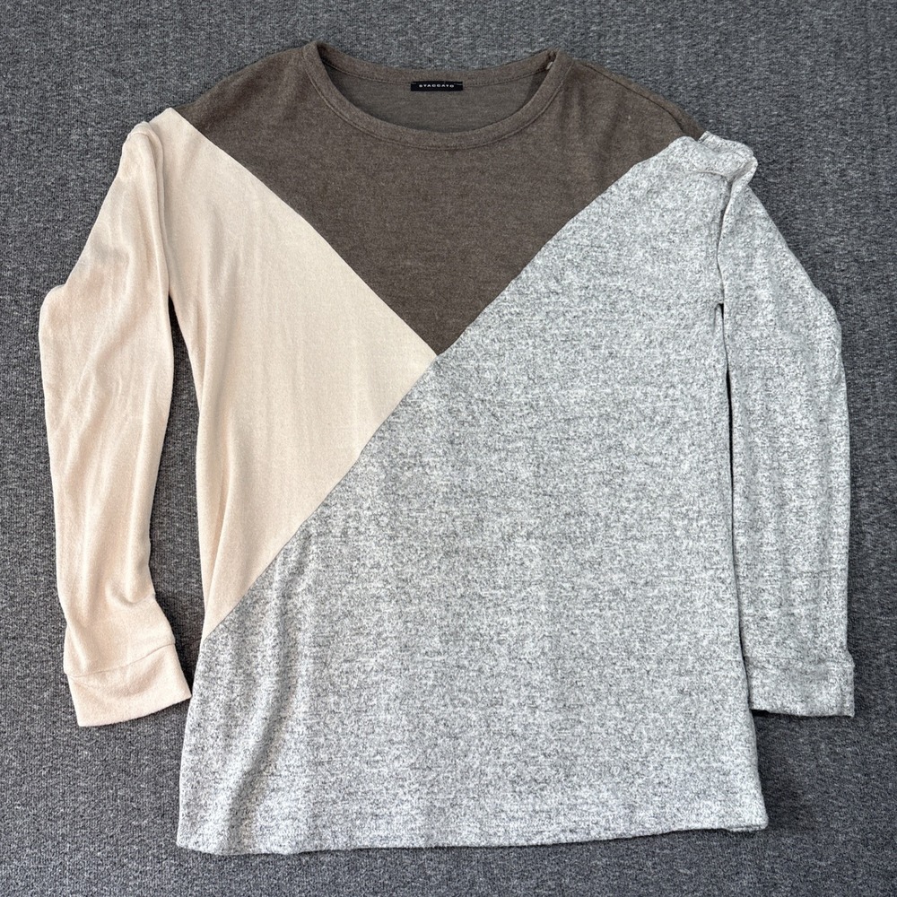 STACCATO Olive Tan Gray Crew Neck Long Sleeve Sweater L Soft Comfortable